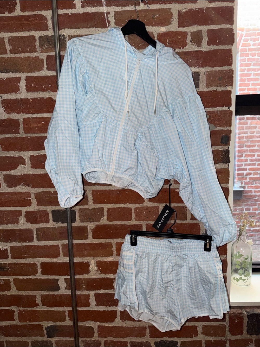 Women’s Light Blue Gingham Hooded Crop Jacket & Matching Shorts Set